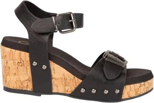 MAKERS SHOES Women's Cork Wedge Platform Sandals with Studded Straps, Ankle Buckle Closure, Black
