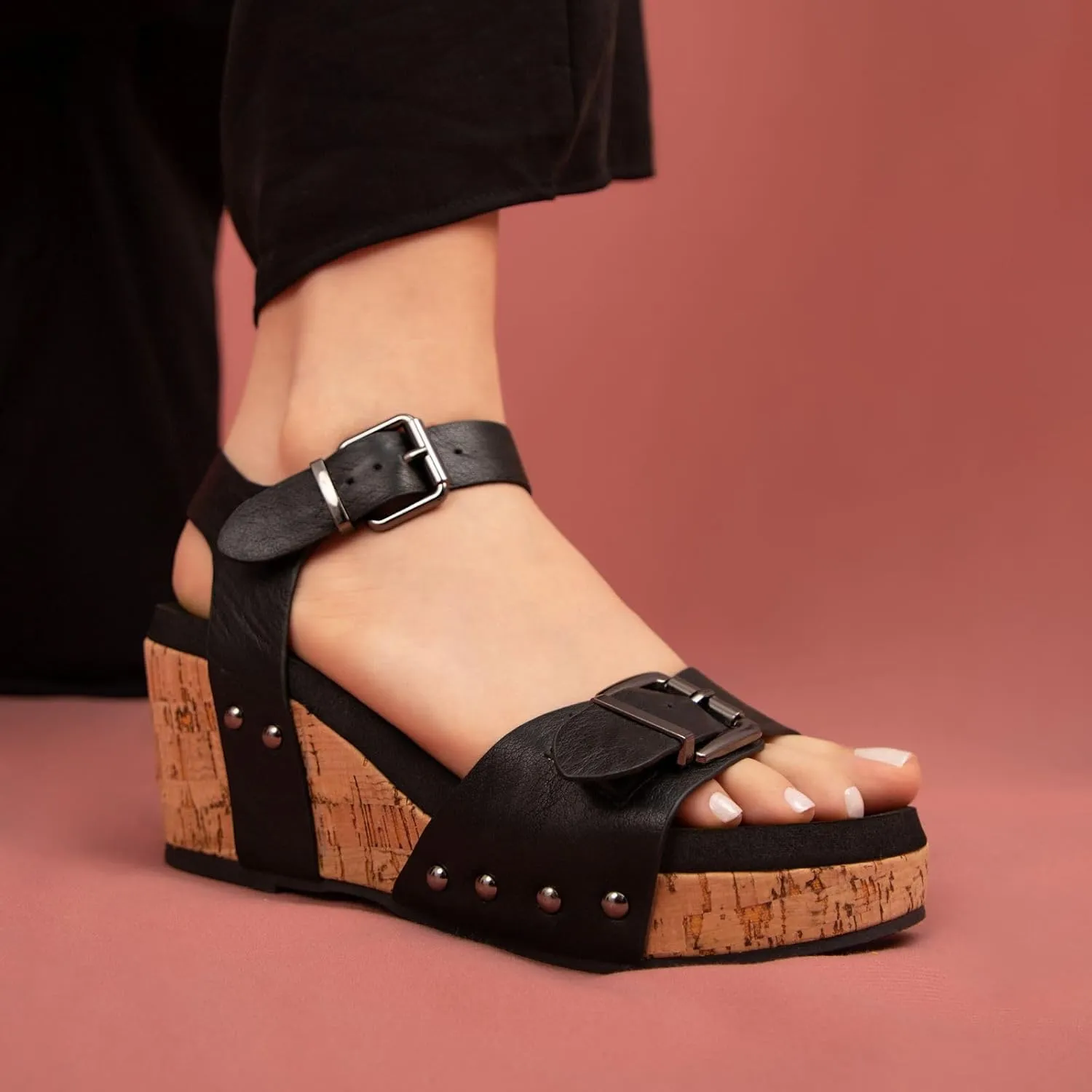 MAKERS SHOES Women's Cork Wedge Platform Sandals with Studded Straps, Ankle Buckle Closure, Black