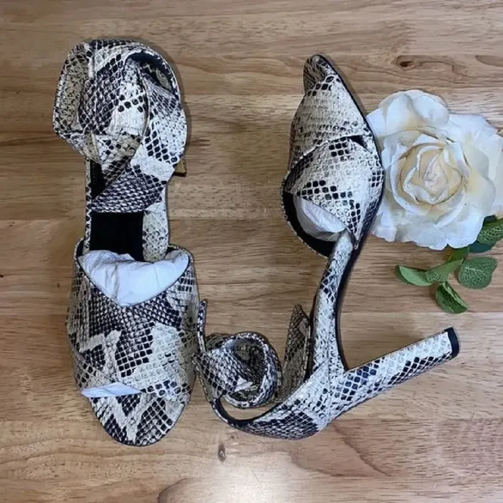 Marion Parke Snake Print Leah Ankle Tie High Heel Sandals-39.5