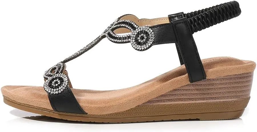 Meeshine Women's Wedge Sandals Summer Comfortable Casual Bohemian Beach Rhinestone Platform Shoes