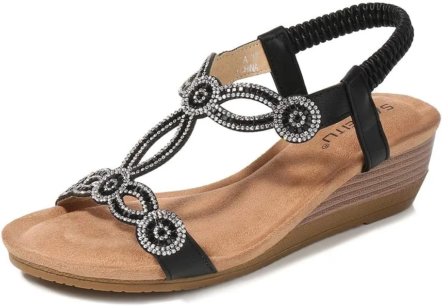 Meeshine Women's Wedge Sandals Summer Comfortable Casual Bohemian Beach Rhinestone Platform Shoes