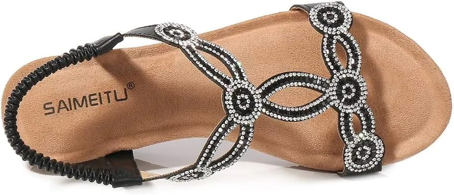 Meeshine Women's Wedge Sandals Summer Comfortable Casual Bohemian Beach Rhinestone Platform Shoes