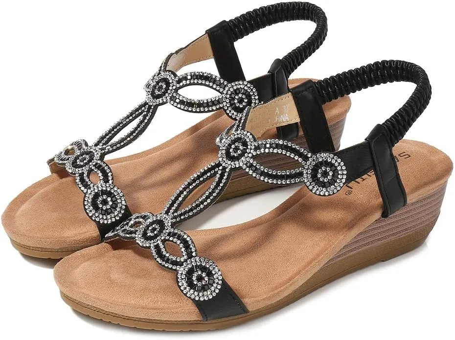 Meeshine Women's Wedge Sandals Summer Comfortable Casual Bohemian Beach Rhinestone Platform Shoes