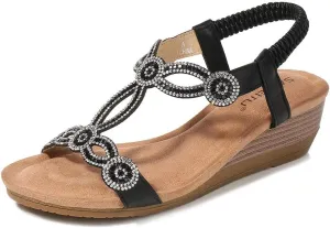 Meeshine Women's Wedge Sandals Summer Comfortable Casual Bohemian Beach Rhinestone Platform Shoes