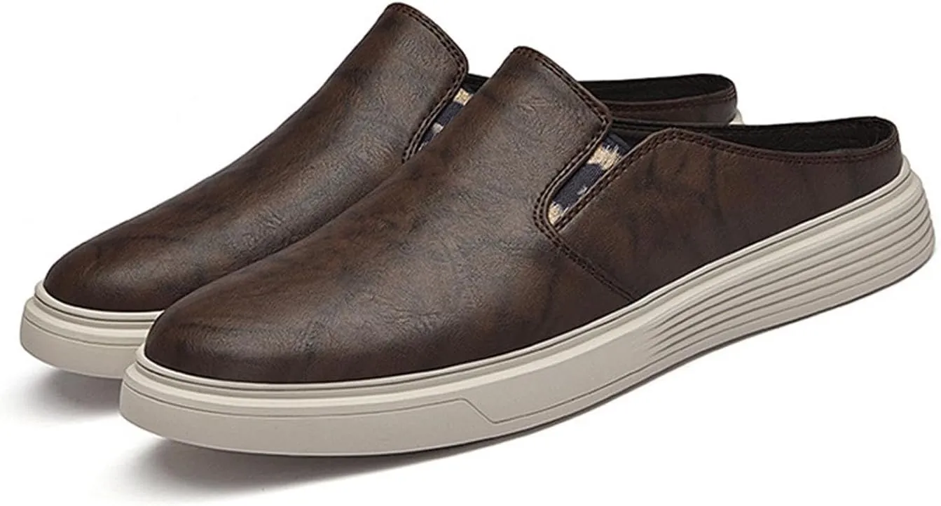 Men Cowhide Slip On Flat mule Shoes Summer Closed Round Toe Fashion Retro Backless Dress Loafers Shoes Comfortable Anti Slip Lightweight Moccasin Half Slides