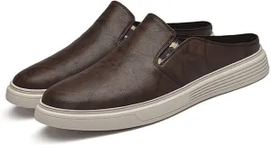 Men Cowhide Slip On Flat mule Shoes Summer Closed Round Toe Fashion Retro Backless Dress Loafers Shoes Comfortable Anti Slip Lightweight Moccasin Half Slides