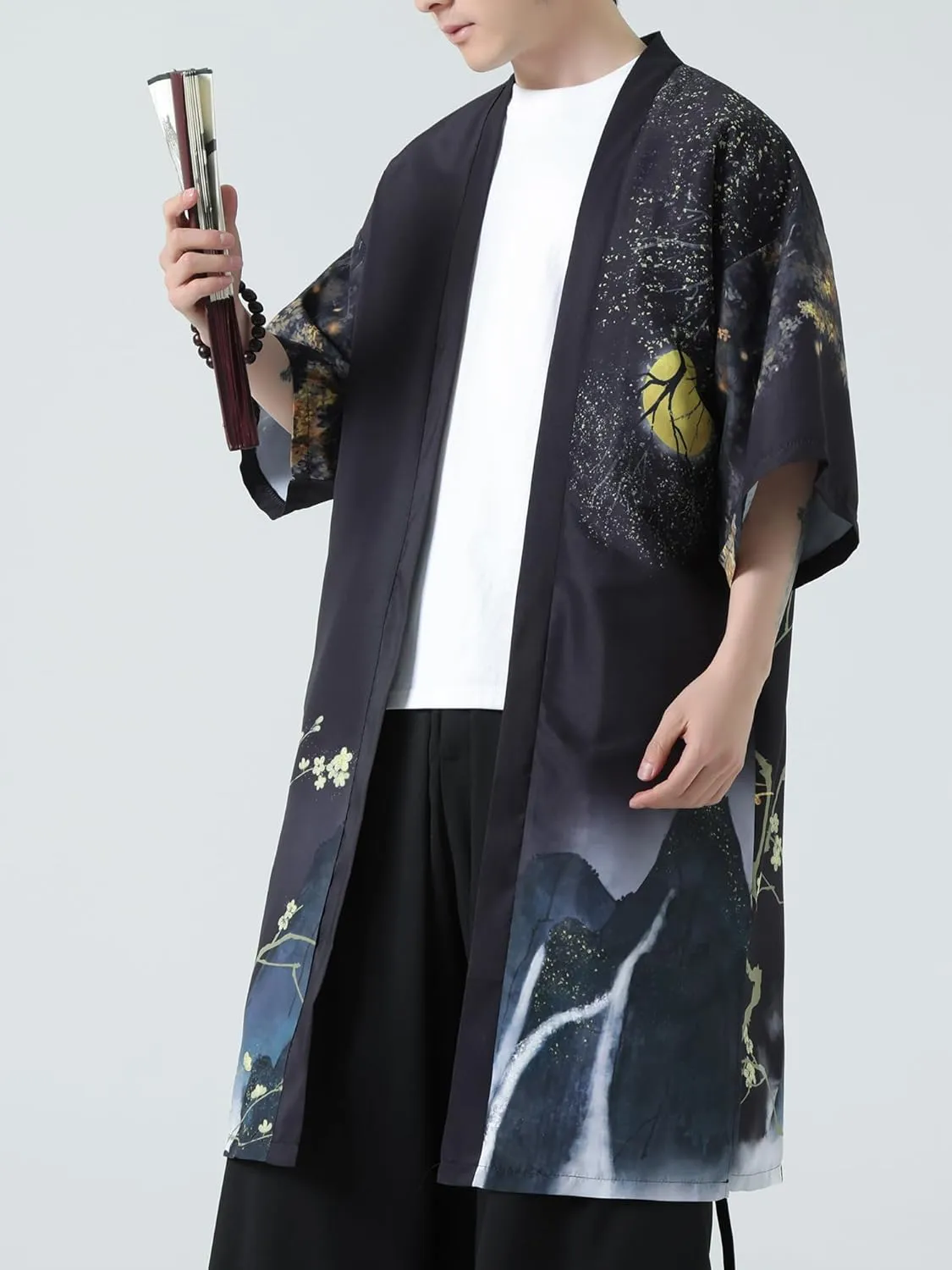 Men Japanese Kimono Coat Loose Yukata Outwear Long Bathrobe Tops Vintage