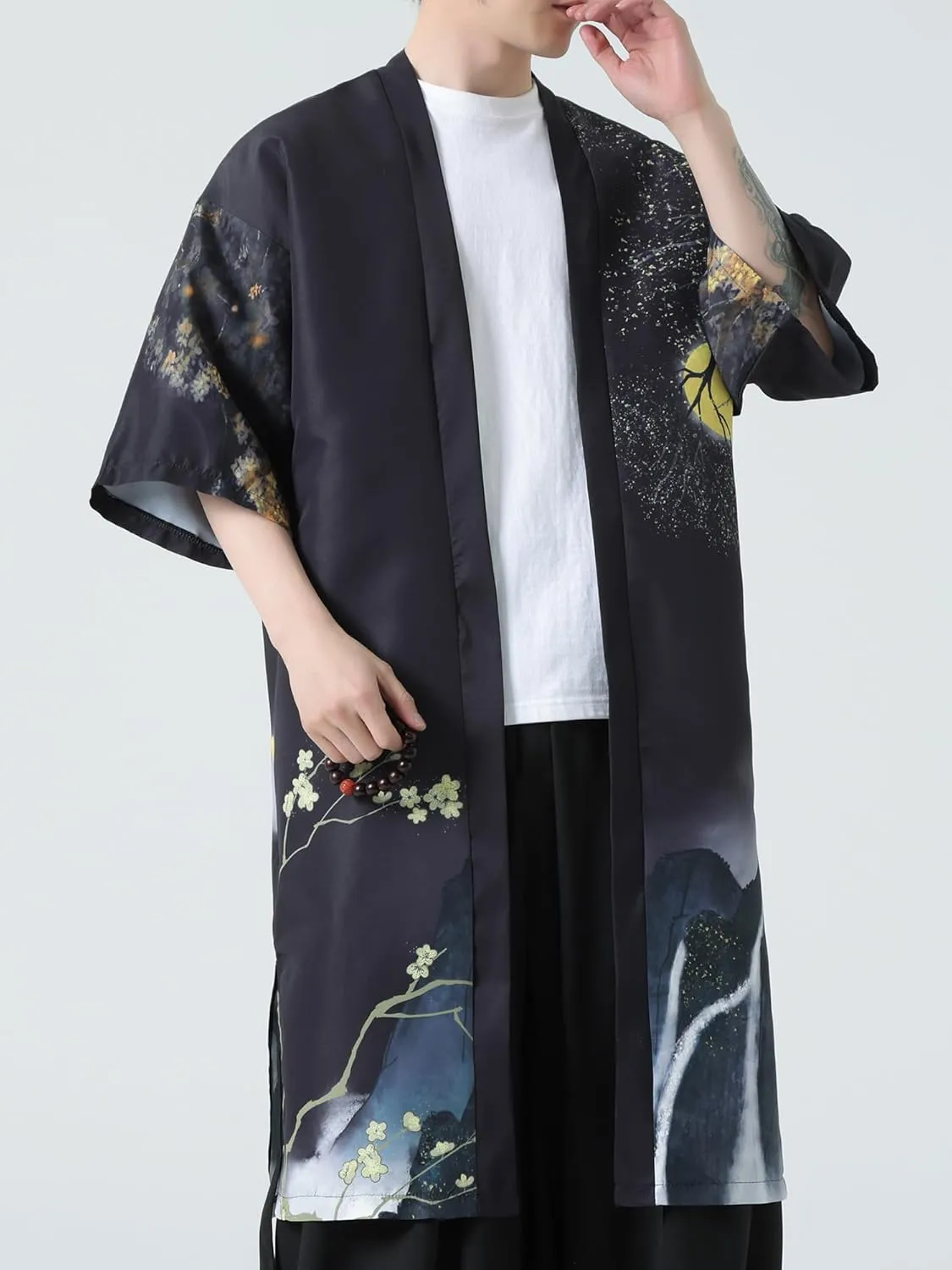 Men Japanese Kimono Coat Loose Yukata Outwear Long Bathrobe Tops Vintage