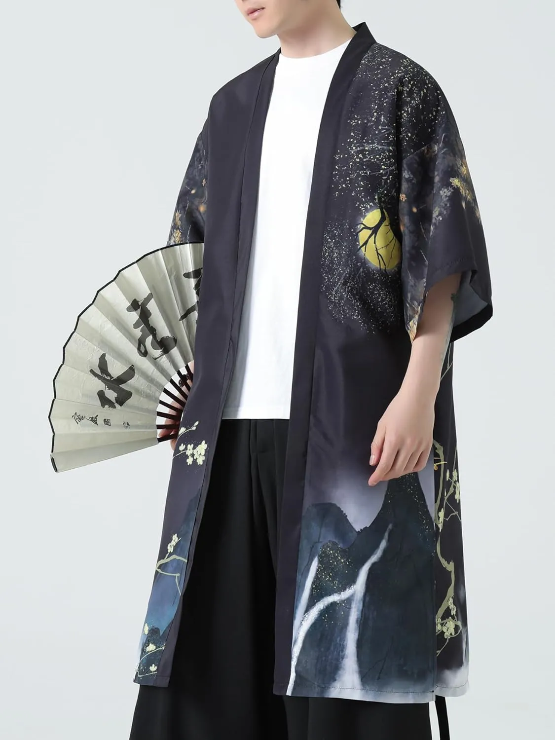 Men Japanese Kimono Coat Loose Yukata Outwear Long Bathrobe Tops Vintage