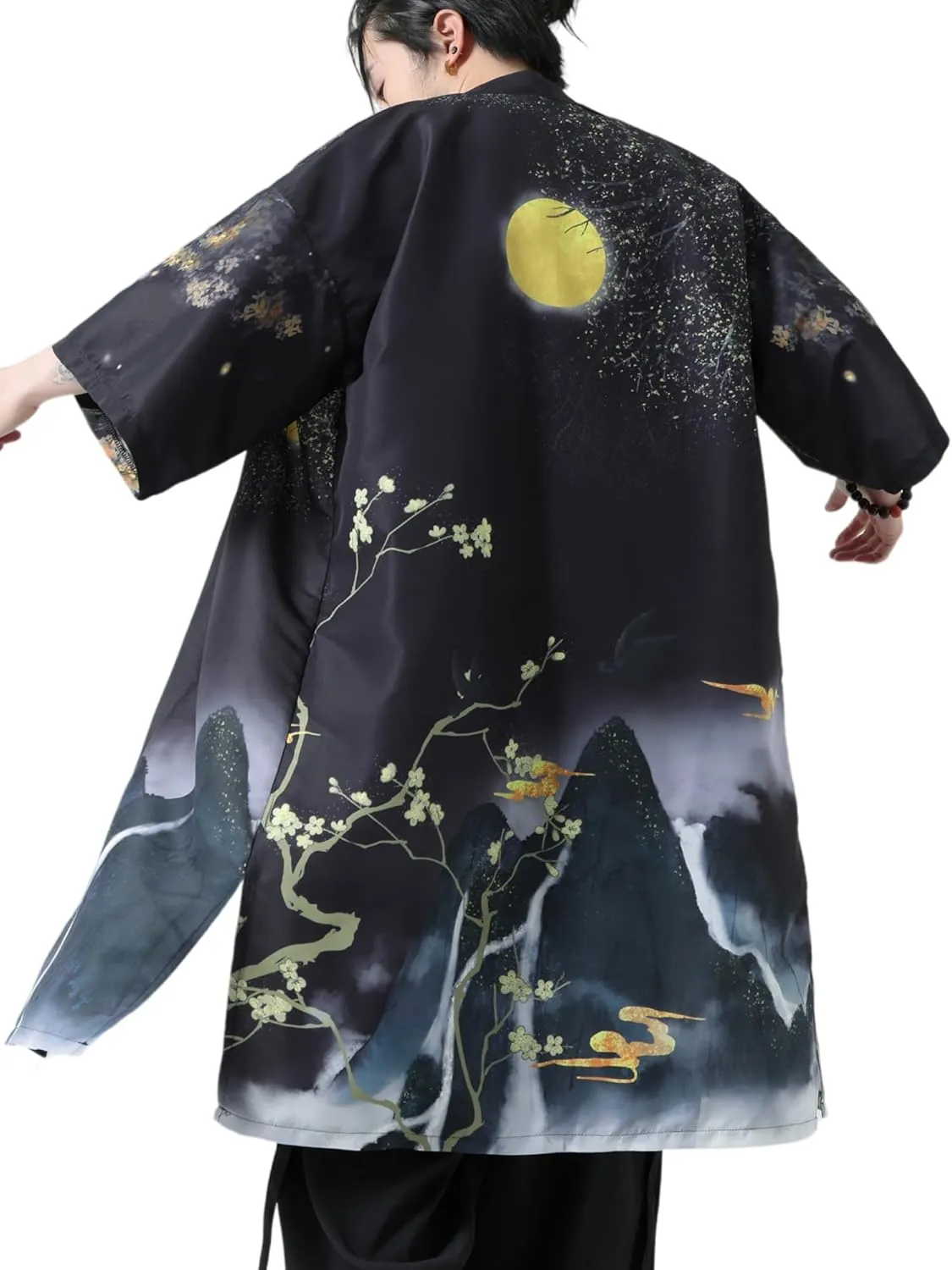 Men Japanese Kimono Coat Loose Yukata Outwear Long Bathrobe Tops Vintage