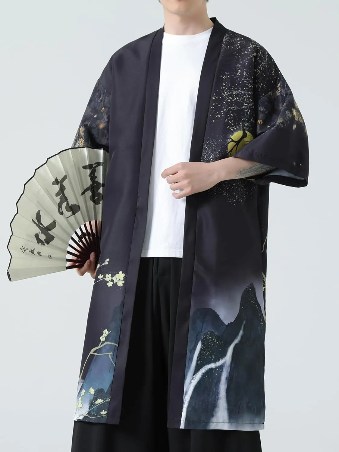 Men Japanese Kimono Coat Loose Yukata Outwear Long Bathrobe Tops Vintage