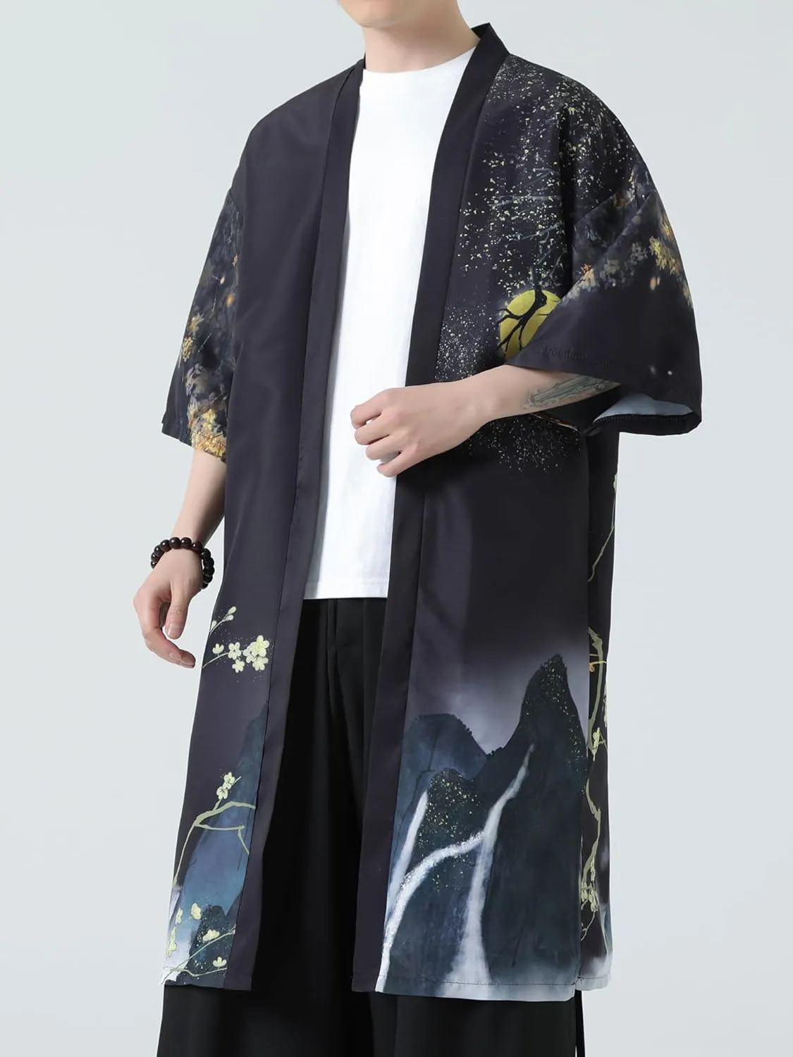 Men Japanese Kimono Coat Loose Yukata Outwear Long Bathrobe Tops Vintage