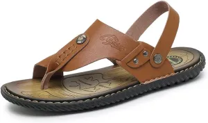 Mens Casual Outdoor Sandals Flip Flops Thong Leather Slip On Two uses Toe Ring Beach Shoes