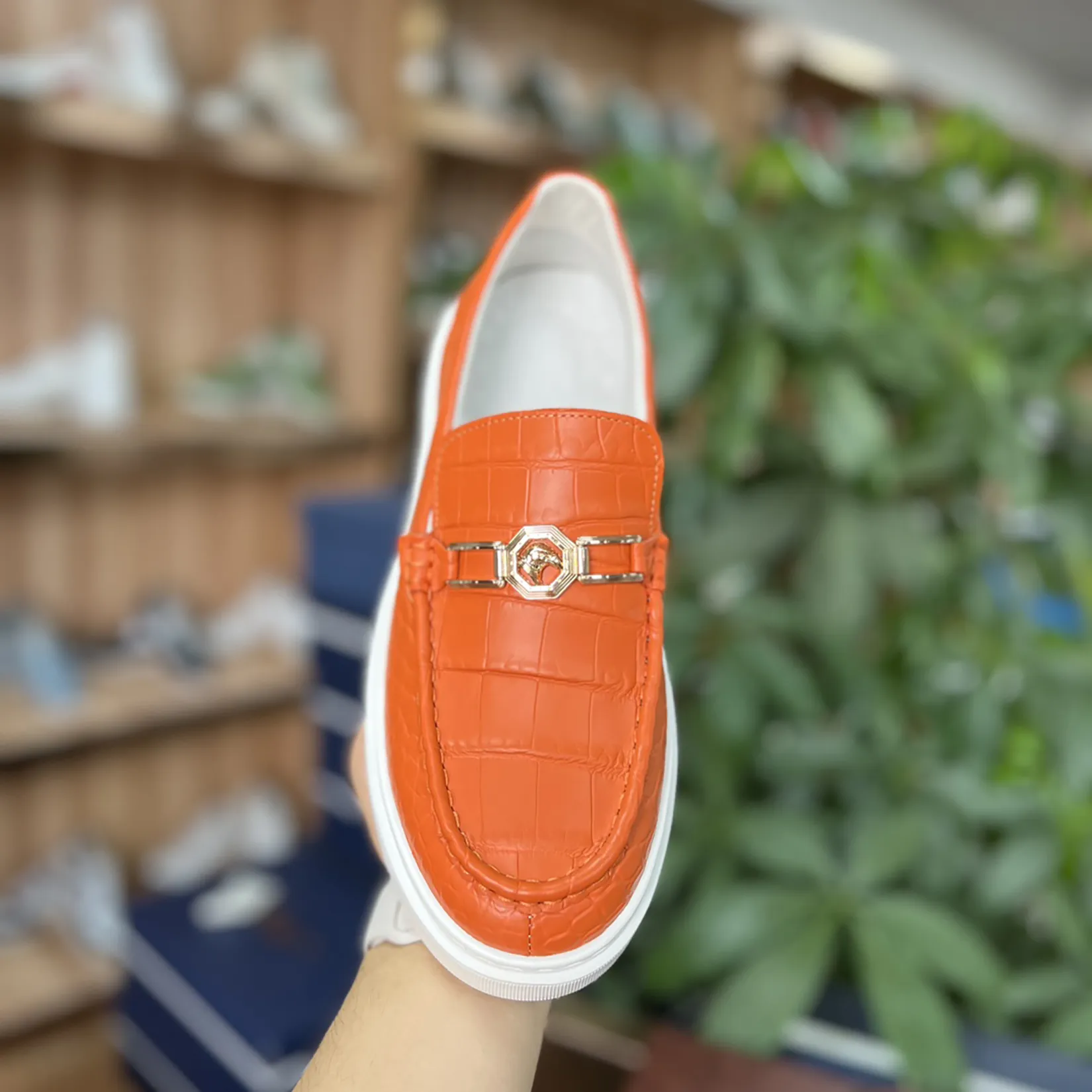 Men's Genuine Crocodile Leather Slip On Loafer Bit Shoes Orange