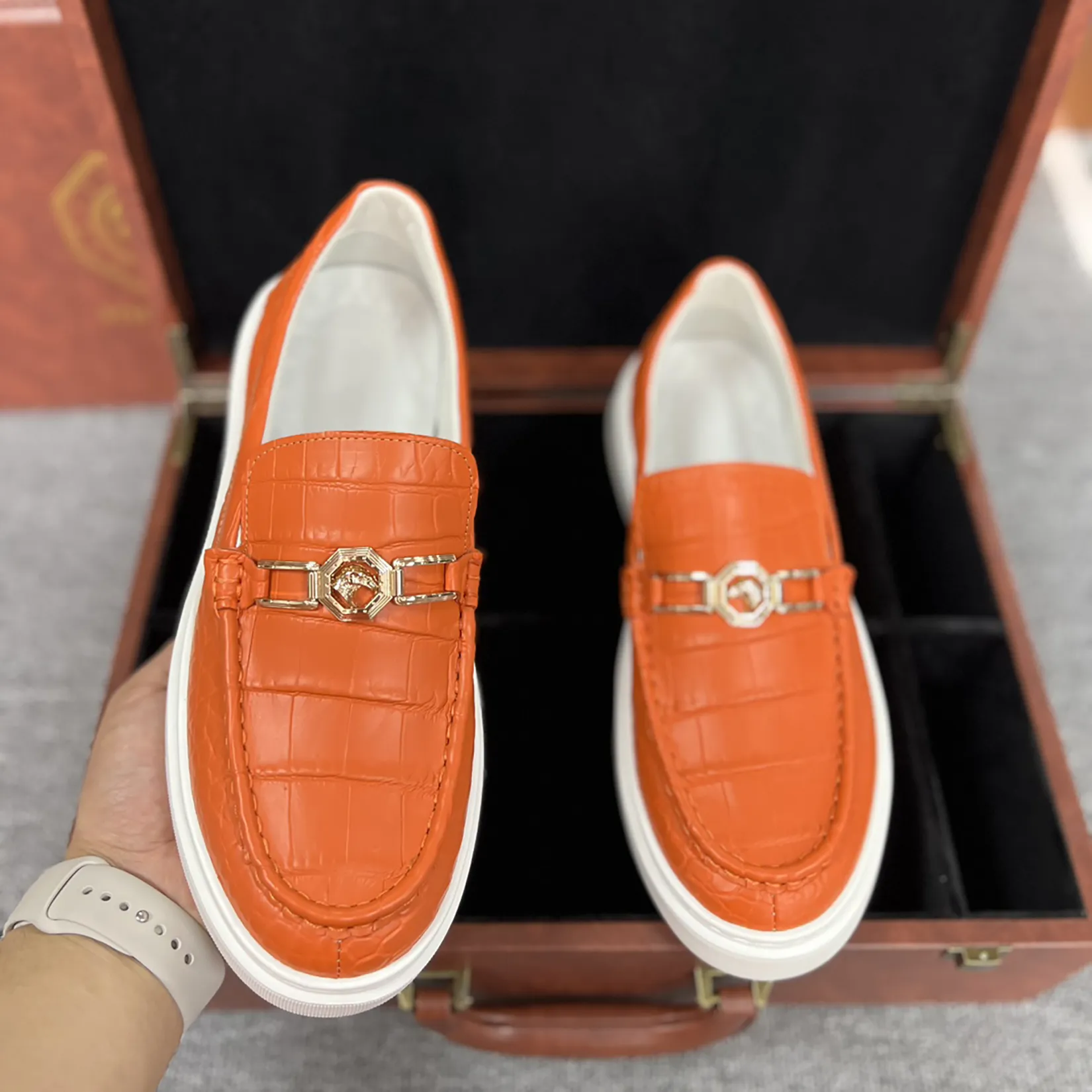 Men's Genuine Crocodile Leather Slip On Loafer Bit Shoes Orange