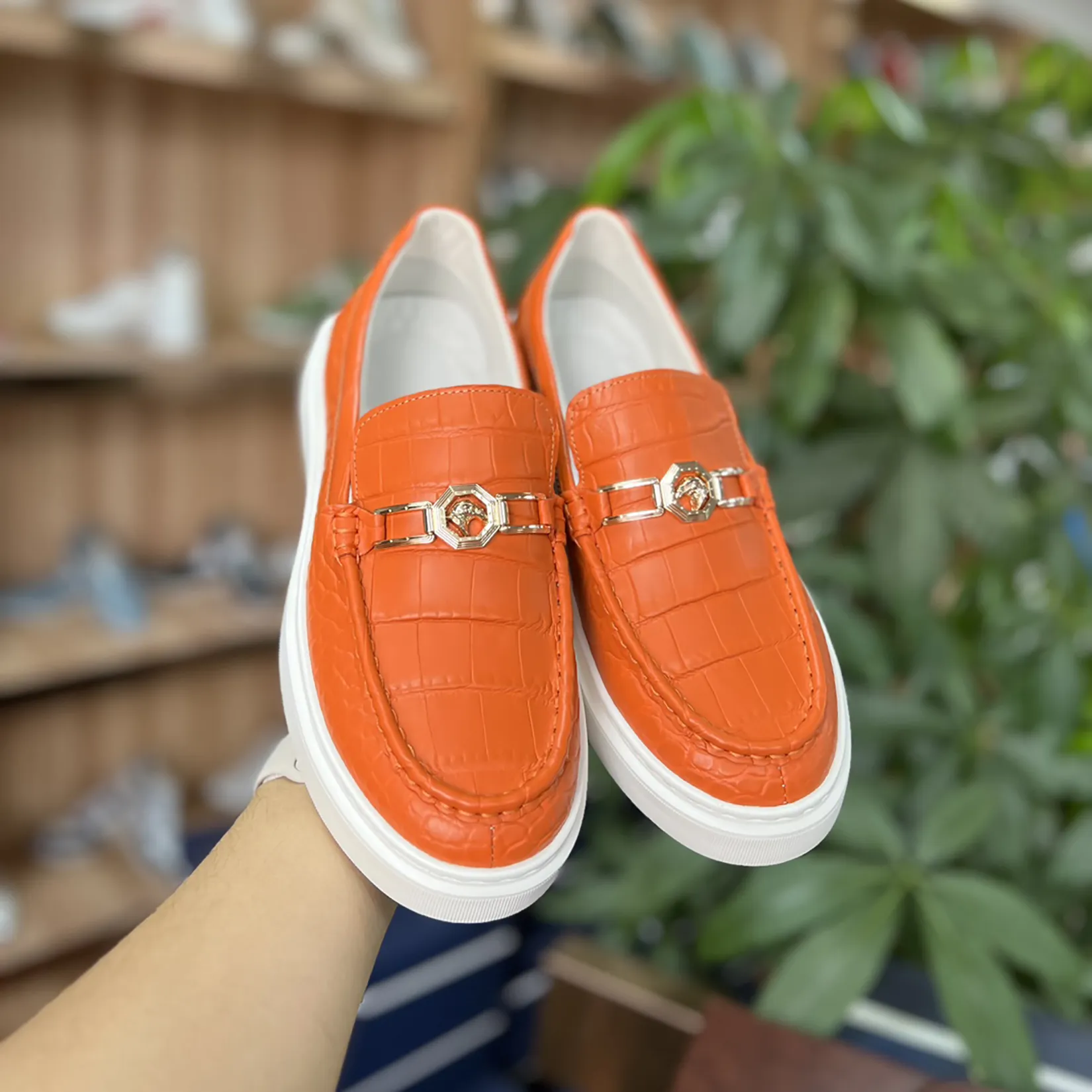 Men's Genuine Crocodile Leather Slip On Loafer Bit Shoes Orange