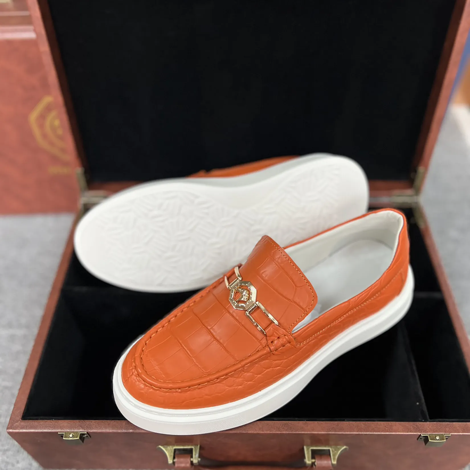 Men's Genuine Crocodile Leather Slip On Loafer Bit Shoes Orange
