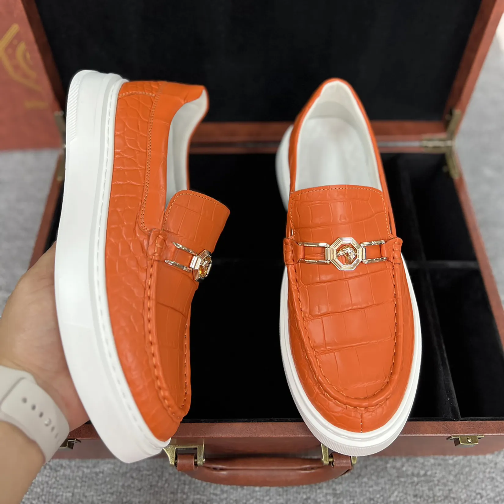 Men's Genuine Crocodile Leather Slip On Loafer Bit Shoes Orange
