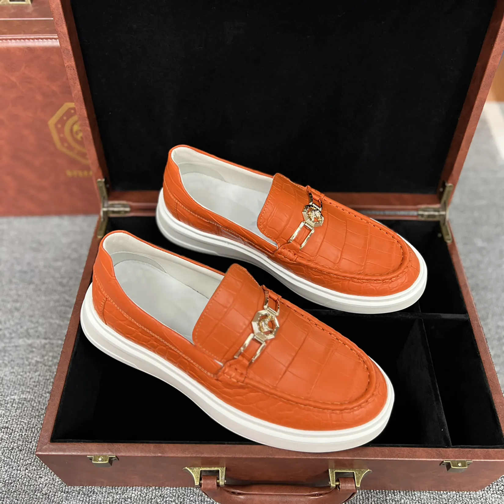 Men's Genuine Crocodile Leather Slip On Loafer Bit Shoes Orange