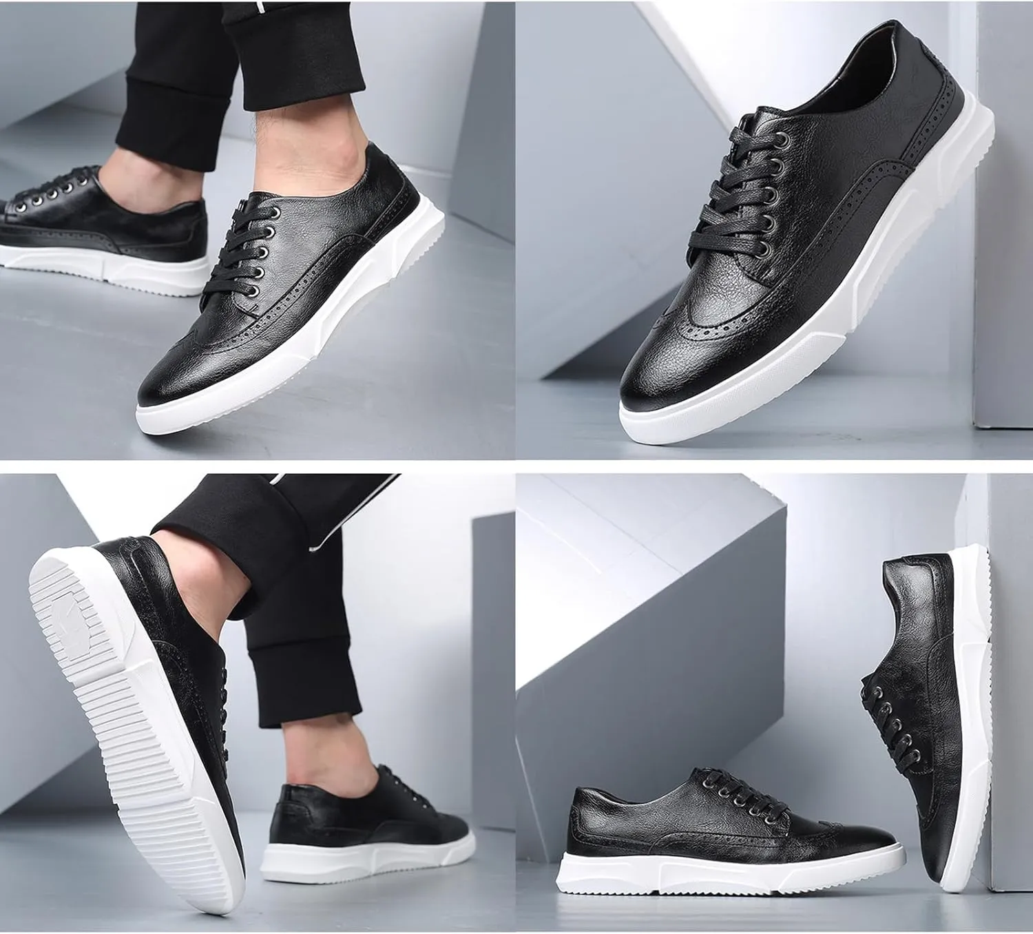 Men's Leather Flat Oxford Sneakers Fashion Brogues Wing Tip Lace Up Cap Toe Soft Sole Casual Dress Loafers for Business Office Work