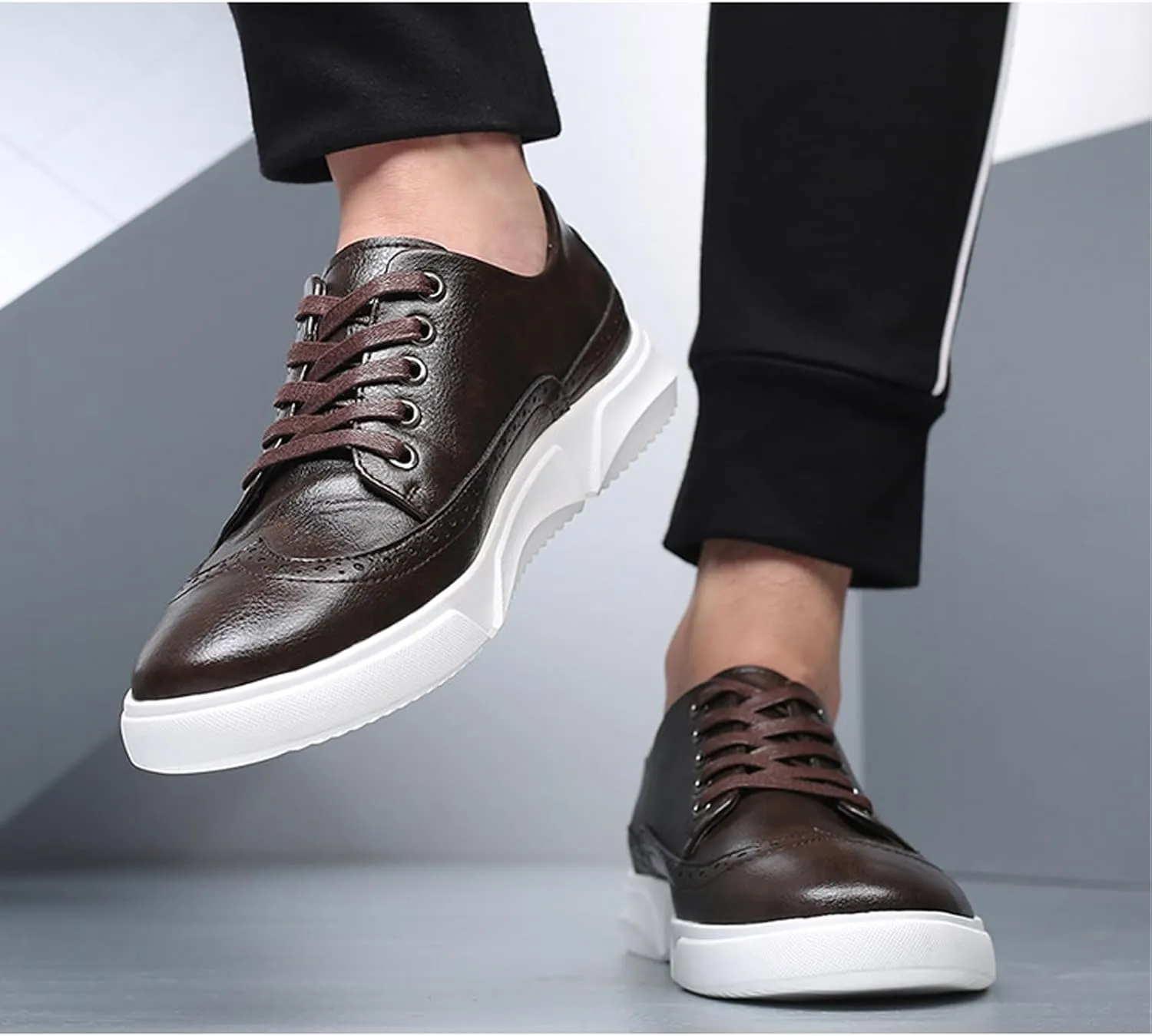 Men's Leather Flat Oxford Sneakers Fashion Brogues Wing Tip Lace Up Cap Toe Soft Sole Casual Dress Loafers for Business Office Work