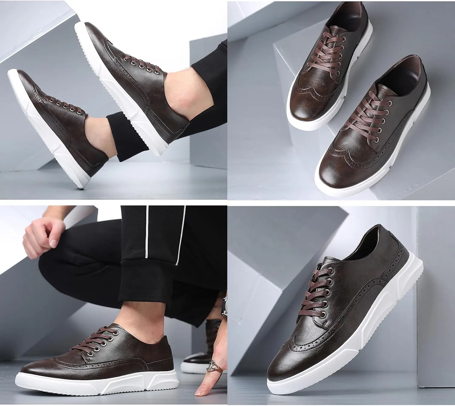 Men's Leather Flat Oxford Sneakers Fashion Brogues Wing Tip Lace Up Cap Toe Soft Sole Casual Dress Loafers for Business Office Work
