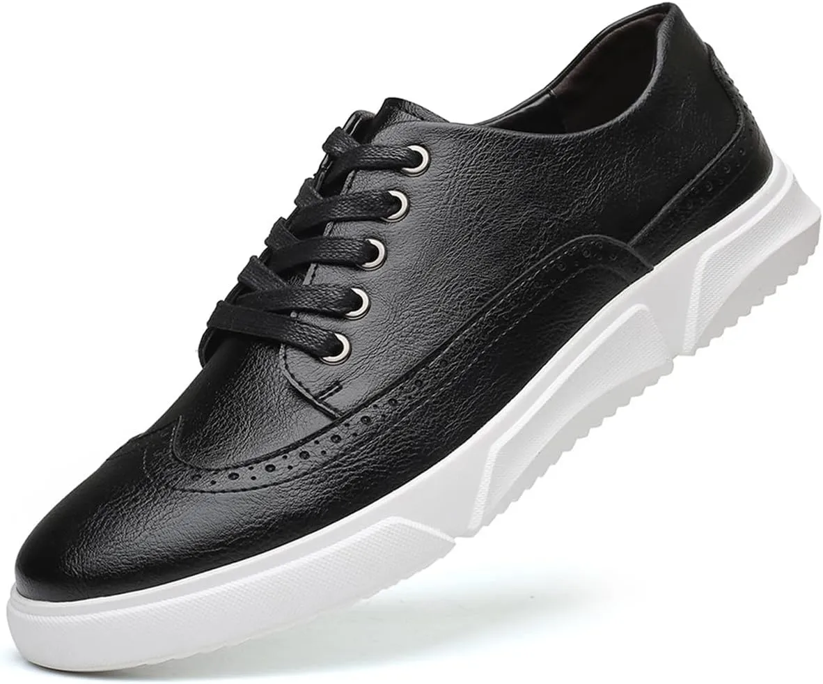 Men's Leather Flat Oxford Sneakers Fashion Brogues Wing Tip Lace Up Cap Toe Soft Sole Casual Dress Loafers for Business Office Work
