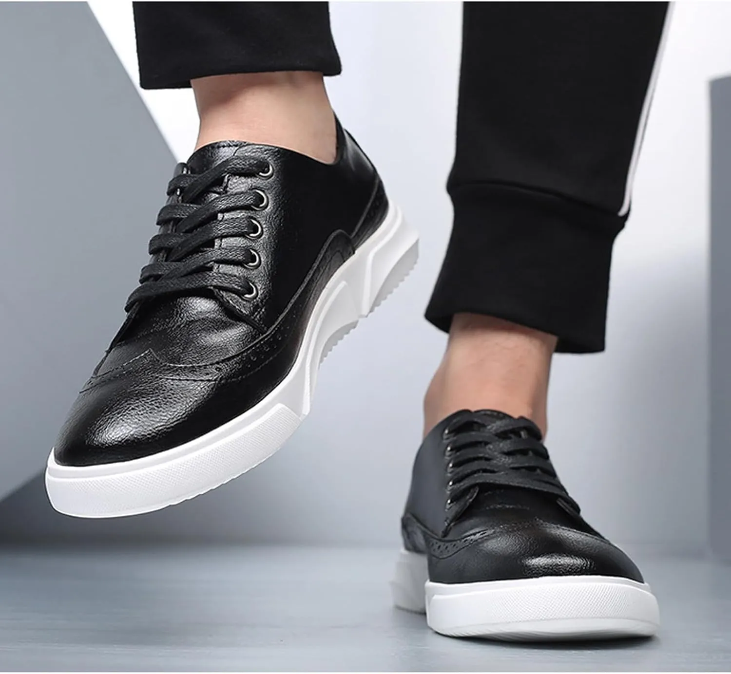 Men's Leather Flat Oxford Sneakers Fashion Brogues Wing Tip Lace Up Cap Toe Soft Sole Casual Dress Loafers for Business Office Work