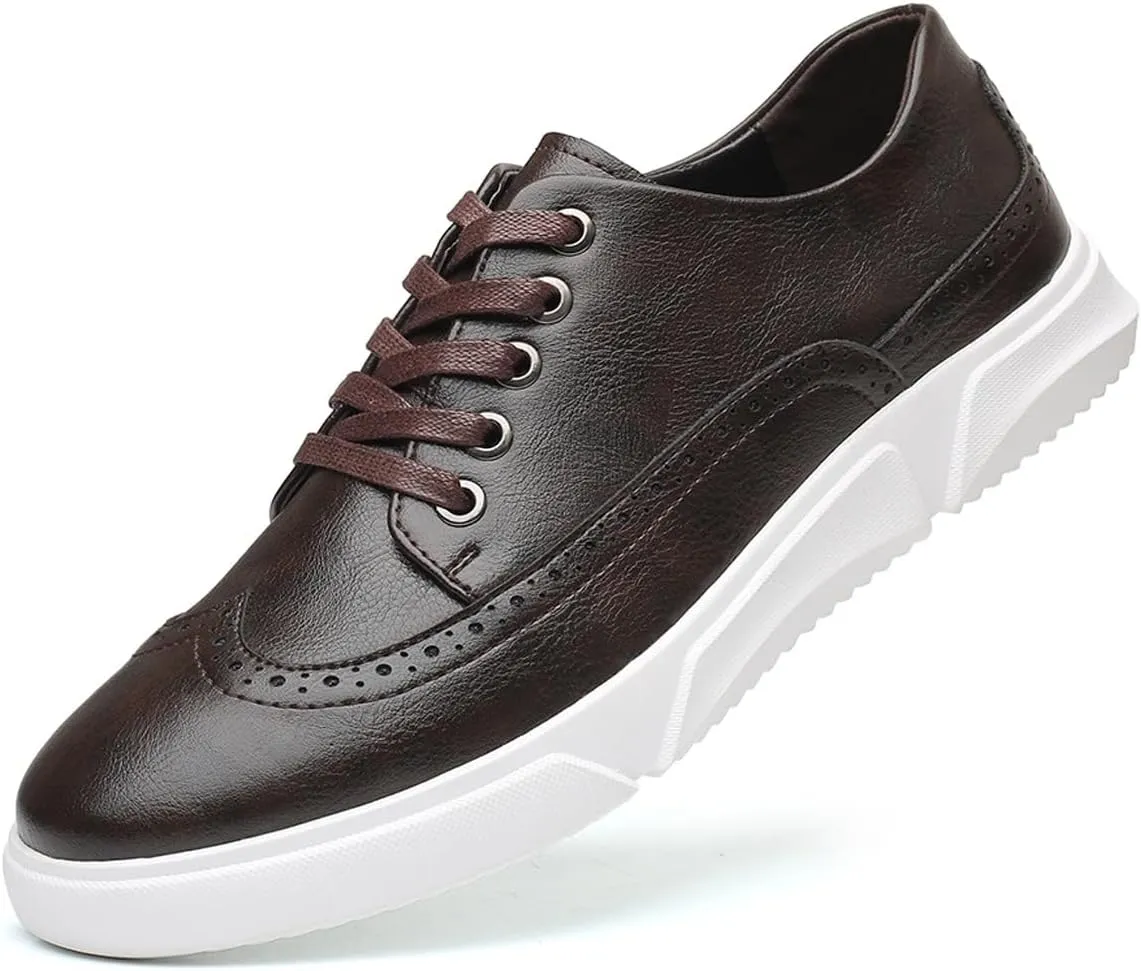 Men's Leather Flat Oxford Sneakers Fashion Brogues Wing Tip Lace Up Cap Toe Soft Sole Casual Dress Loafers for Business Office Work