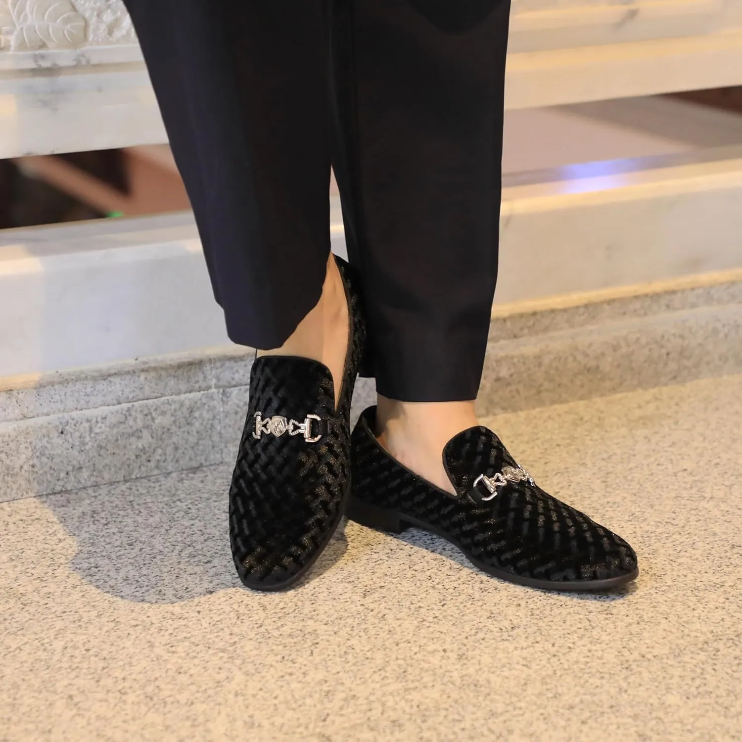 Men's Penny Slip-on Loafer Diamond-Patterned Velvet Dress Shoes Luxury Suede Smoking Slipper Party Prom Wedding Shoes