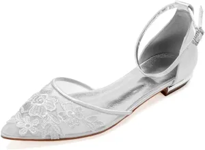 Mesh Appliques Wedding Flats for Bride Pointed Toe Tie up Bridesmaids Shoes