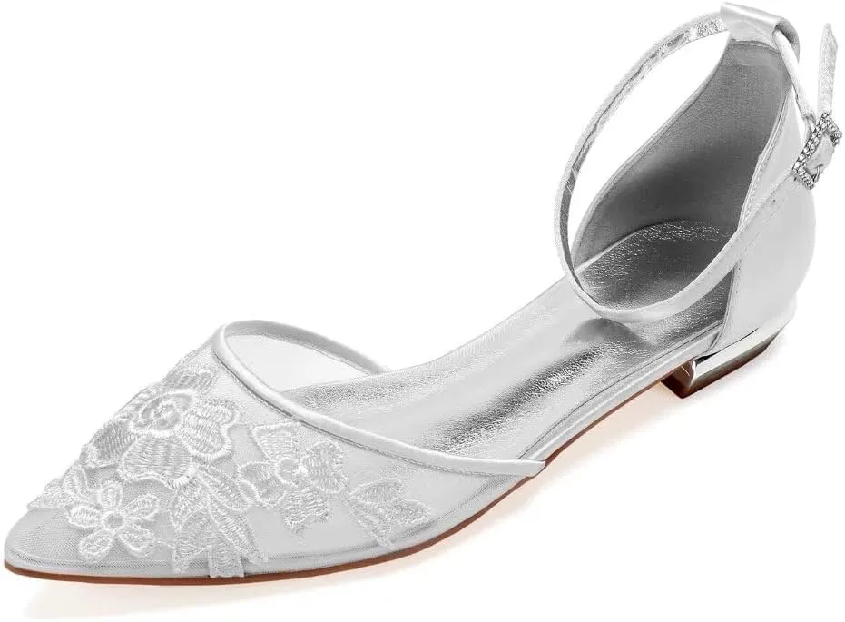 Mesh Appliques Wedding Flats for Bride Pointed Toe Tie up Bridesmaids Shoes