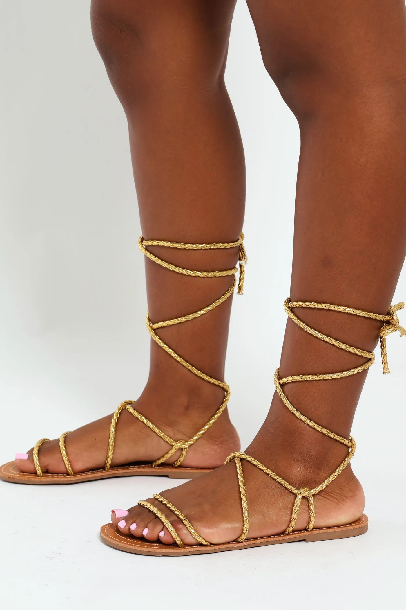 Metallic Rope Tie Up Flat Multistrap Mule Sandal - Gold