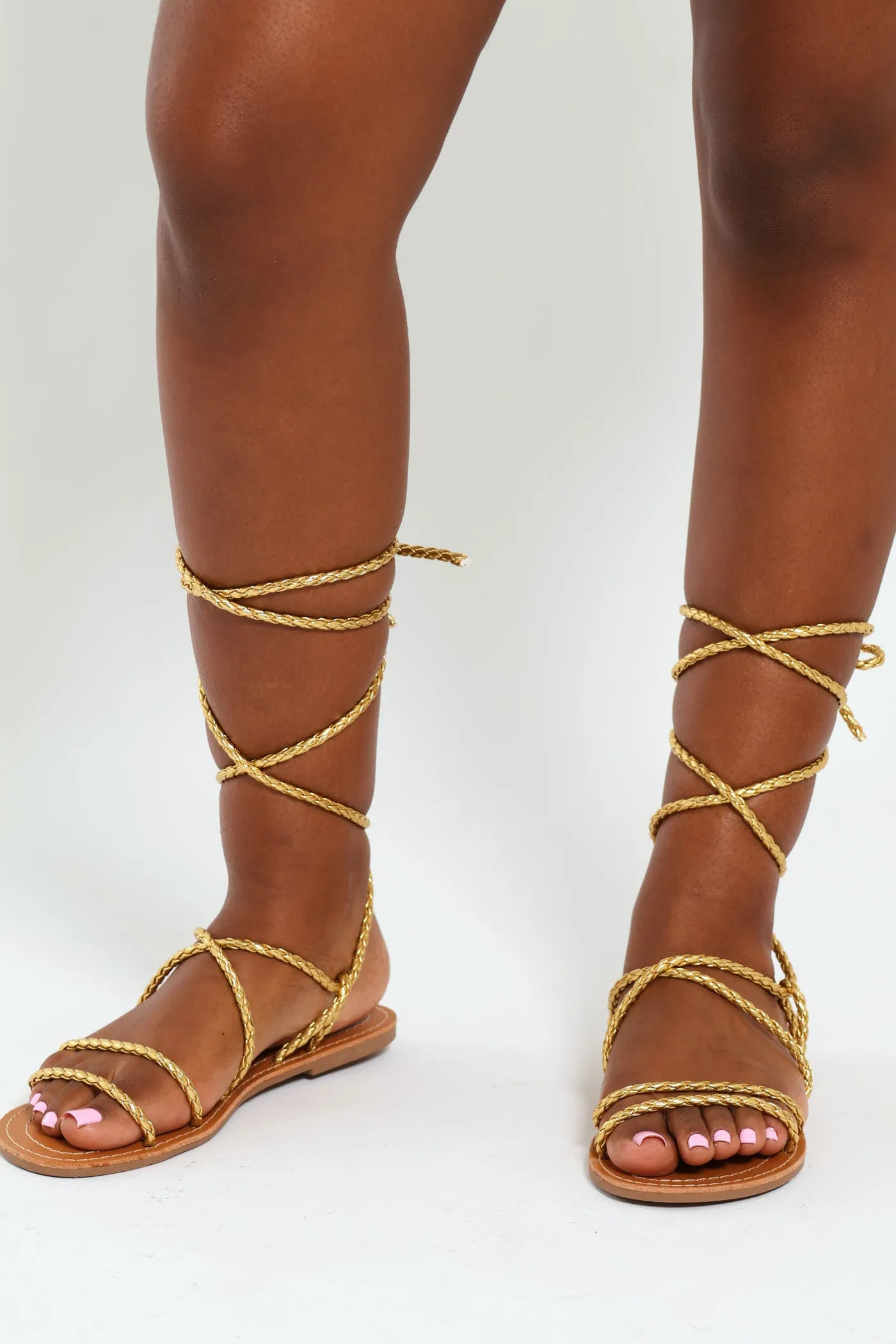 Metallic Rope Tie Up Flat Multistrap Mule Sandal - Gold