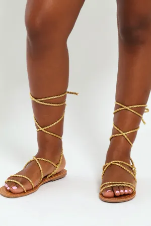 Metallic Rope Tie Up Flat Multistrap Mule Sandal - Gold
