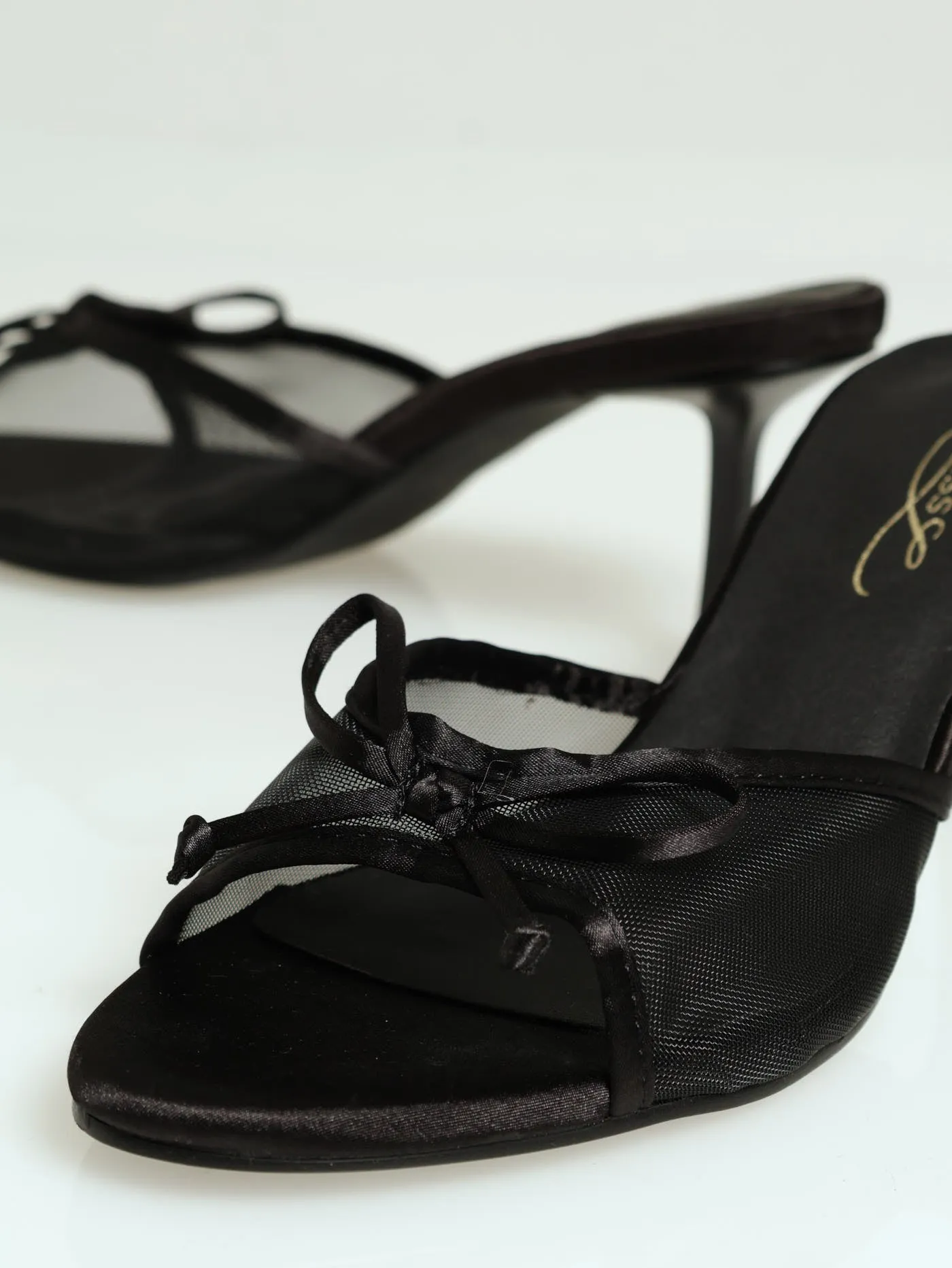 Mid Shaped Mesh Slingback Mule Heel With Bow - Black