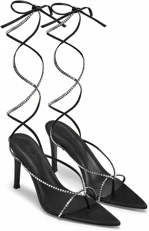 MissHeel Rhinestones Lace Up High Heel Sandals Stiletto Thong Heels Ponted Toe