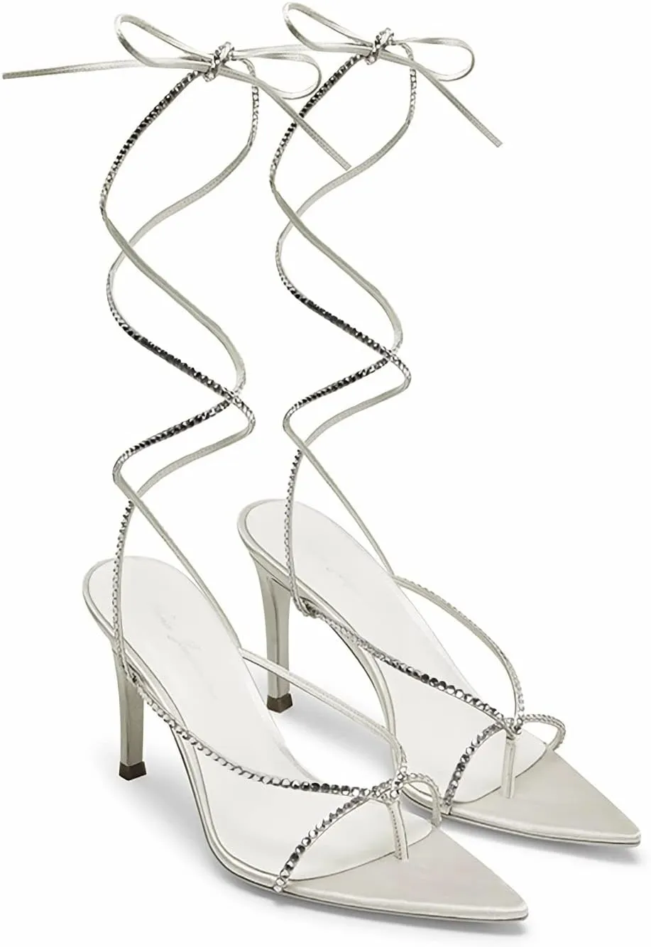 MissHeel Rhinestones Lace Up High Heel Sandals Stiletto Thong Heels Ponted Toe