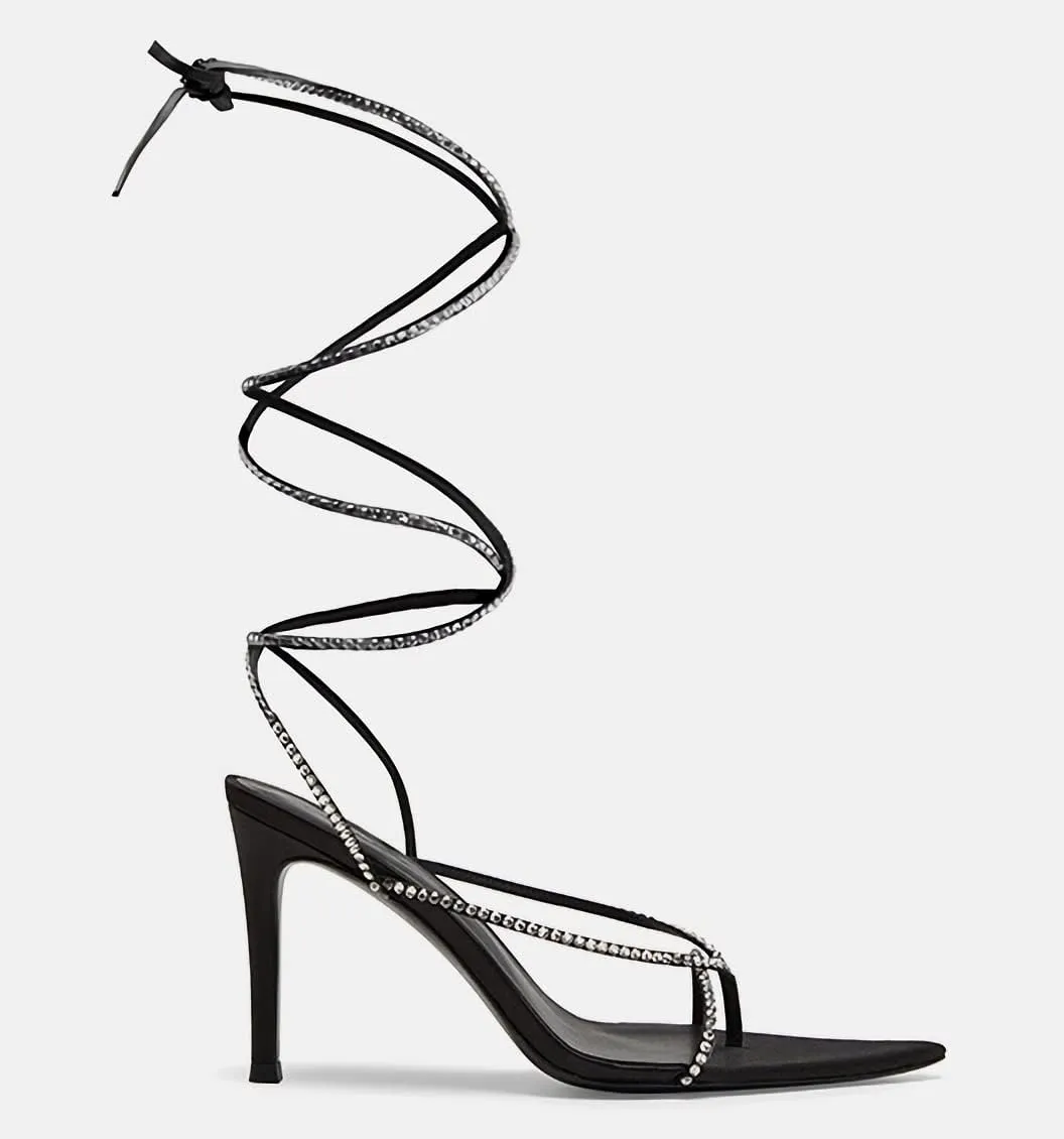 MissHeel Rhinestones Lace Up High Heel Sandals Stiletto Thong Heels Ponted Toe