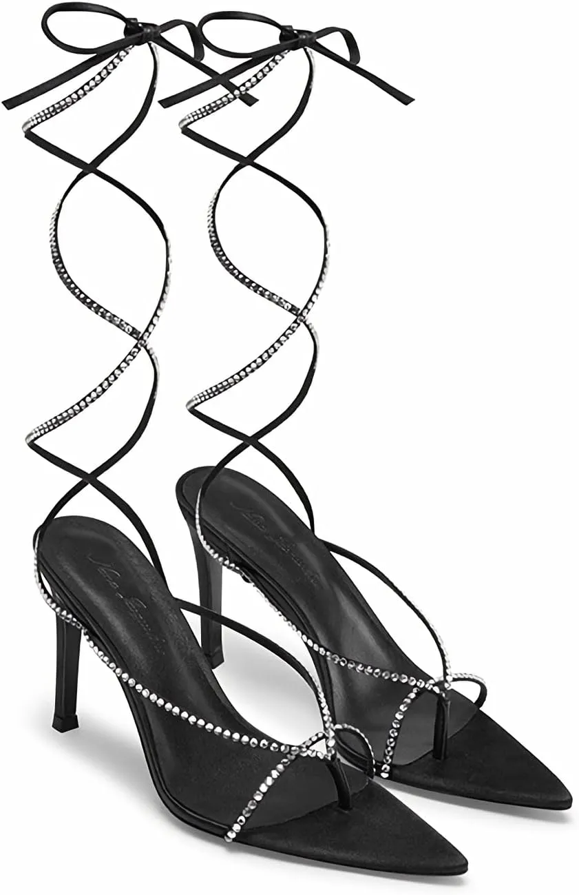 MissHeel Rhinestones Lace Up High Heel Sandals Stiletto Thong Heels Ponted Toe