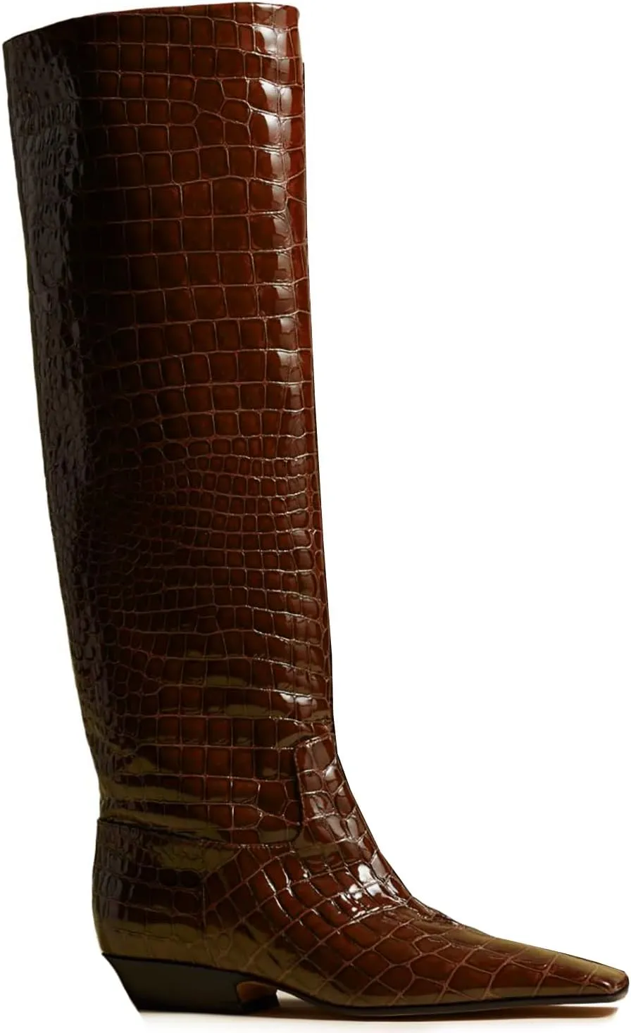 MOOMMO Women Flat Heel Knee High Boots Square Toe Pull On Long Boots Suede Slouch Low Heel Dress Boots Wide Calf Pleated Knee High Tall Boots Comfort Vintage Casual Walking Party 4-11 M US