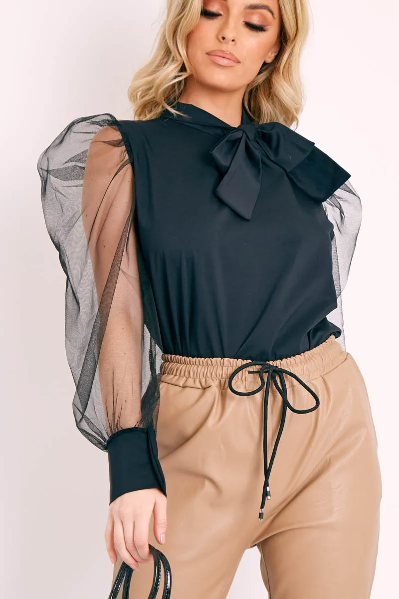 Neck Sleeve Top pick Black - Blouse Mesh Bow Professional-grade Adelin