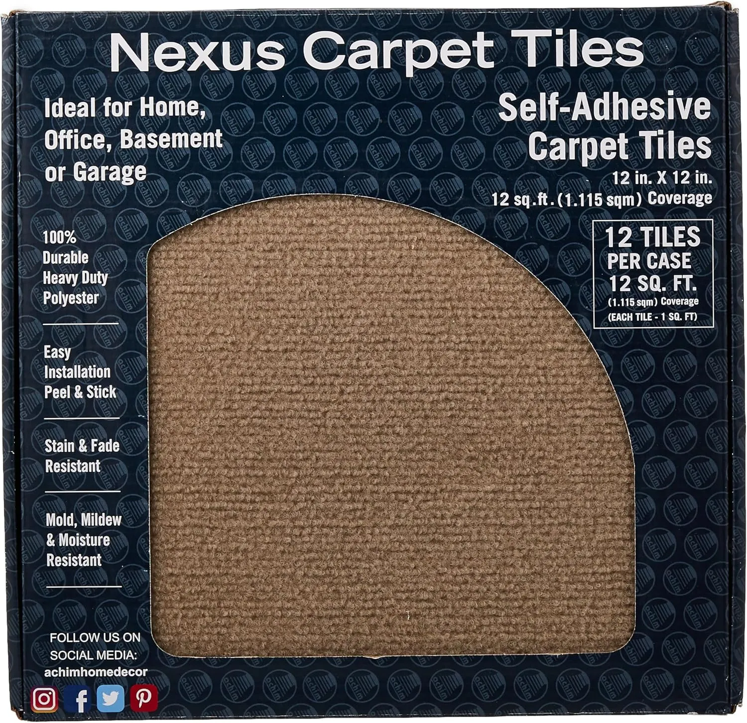 Nexus Self Adhesive 12-Inch Carpet Floor Tiles, 12 Tiles - 12" x 12", Tan - Peel & Stick, DIY Flooring for Kitchen, Dining Room, Bedrooms & Bathrooms by Achim Home Decor
