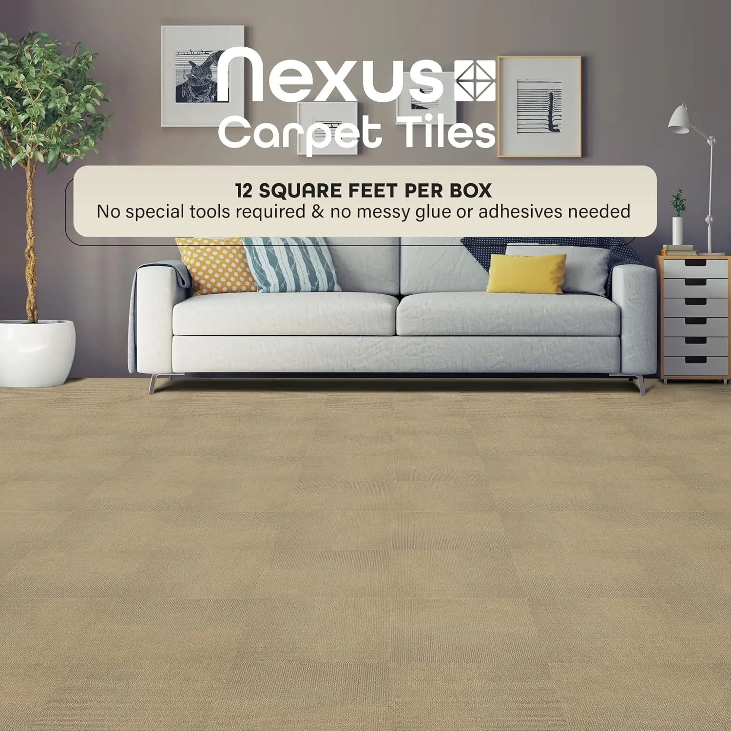 Nexus Self Adhesive 12-Inch Carpet Floor Tiles, 12 Tiles - 12" x 12", Tan - Peel & Stick, DIY Flooring for Kitchen, Dining Room, Bedrooms & Bathrooms by Achim Home Decor