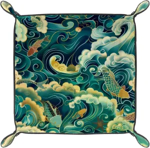 Ocean Fish Microfiber Leather Dice Trays Folding for RPG DND Table Games, Leather Dice Holder Storage Box Portable Folding Rolling Dice Tray, 16x16cm
