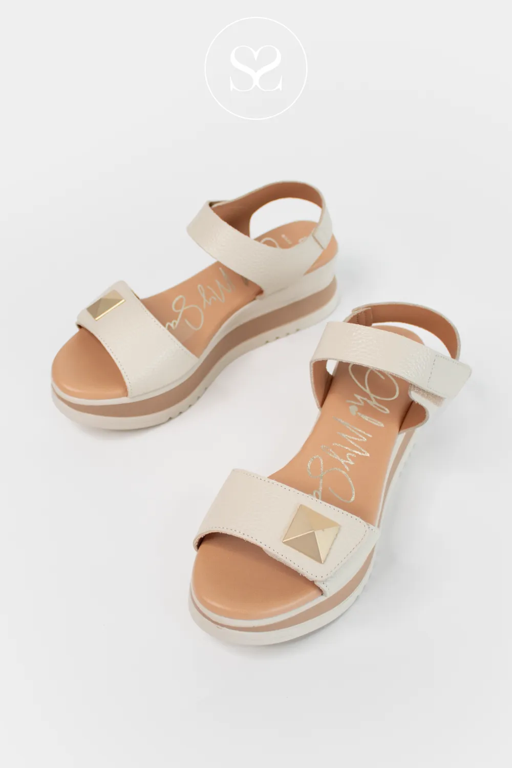 OH MY SANDALS 5763 CREAM LEATHER WEDGE WALKING SANDALS