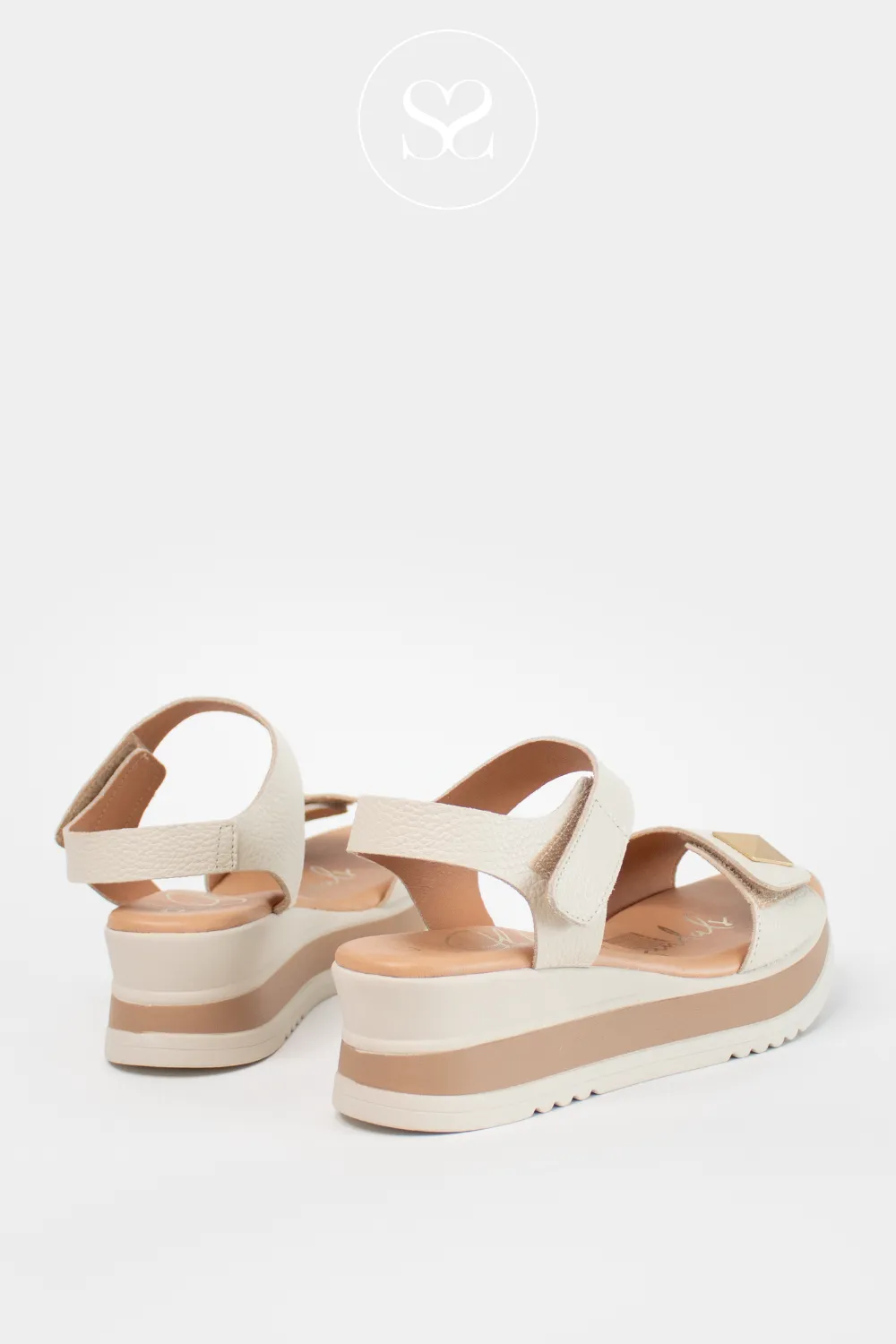 OH MY SANDALS 5763 CREAM LEATHER WEDGE WALKING SANDALS