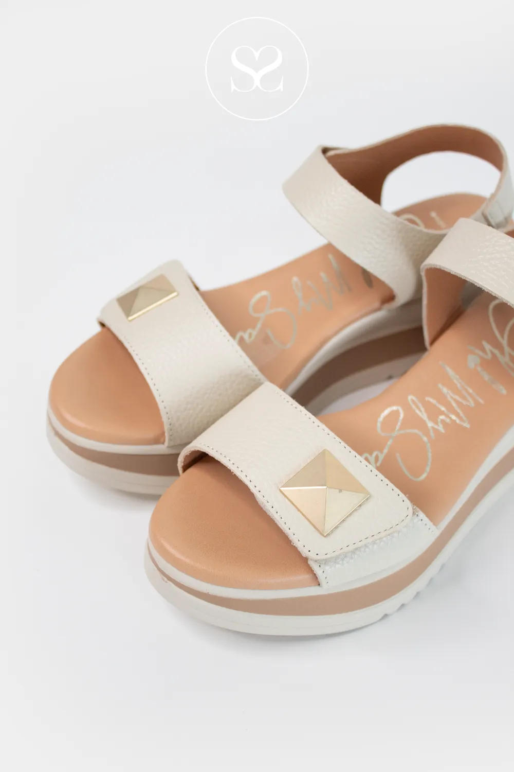 OH MY SANDALS 5763 CREAM LEATHER WEDGE WALKING SANDALS