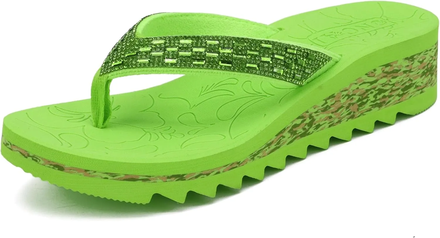 ONCAI Women's Wedge Flip Flops with Rhinestone，Recovery Dressy Walking Sandals for Women with Comfortable Arch Support Cushion Yoga Mat Summer Rubber Soles(US Size 5-11)