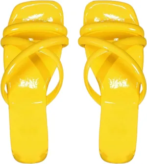 OYOANGLE Women's PU Leather Criss Cross Strap Flat Sandals Square Open Toe Slide Sandals Indoor Outdoor Shoes